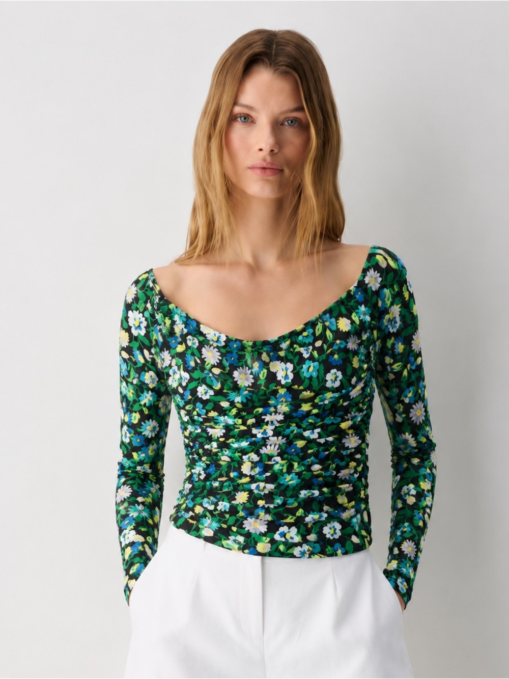 AFRM Floral Ruched Mesh Long Sleeve Off Shoulder Top Small NWOT Y2K Fairy